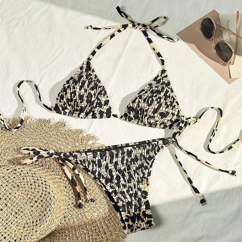Kvinnors nya stil sexig tryckt tie-up strappy triangel cup bikini baddräkt set